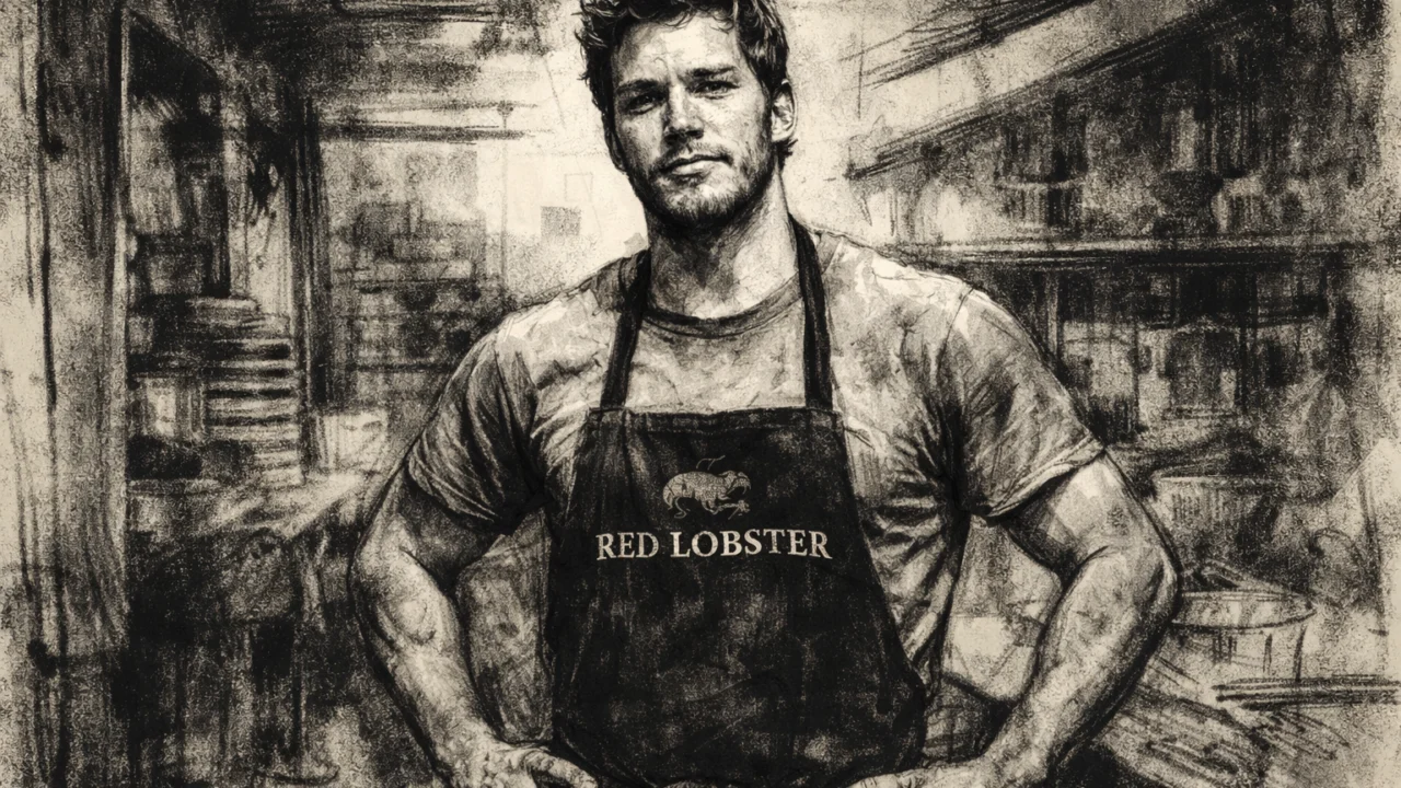 Chris Pratt dok radi fizički posao, prikazan u uglaj stil crteža s visokim kontrastom i realističnim izgledom.