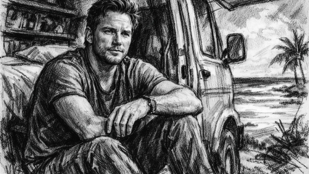 Chris Pratt u razdoblju života u kombiju na Havajima, prikazan u uglaj stil crno-bijelom crtežu.