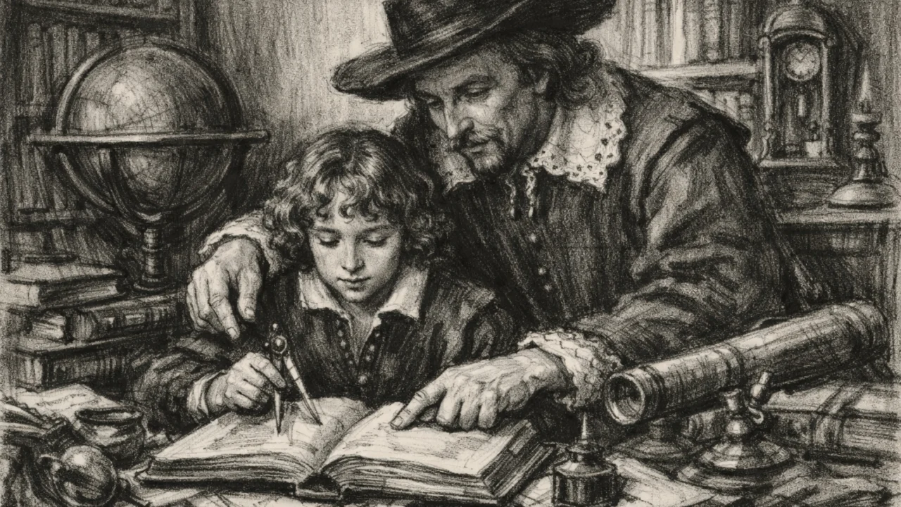 Mladi Christiaan Huygens u obiteljskom domu u Haagu, scena ranog učenja u ugalj stilu s naglašenim linijama