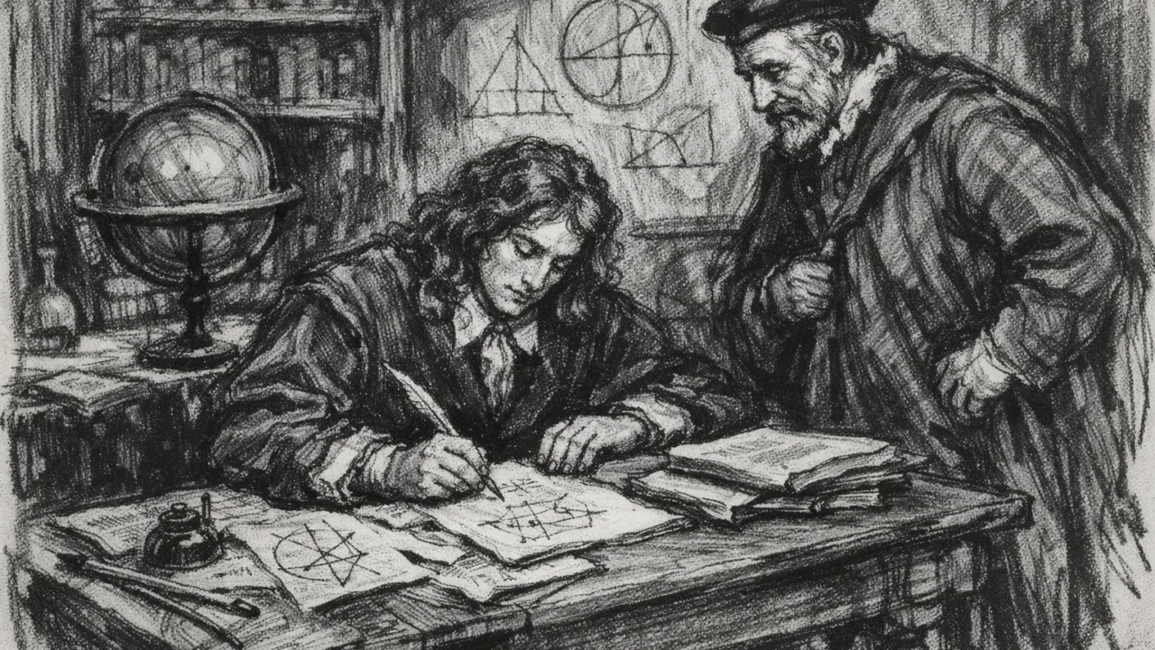 Christiaan Huygens na studiju matematike u Leidenu, prikazan u ugalj stilu u akademskom okruženju