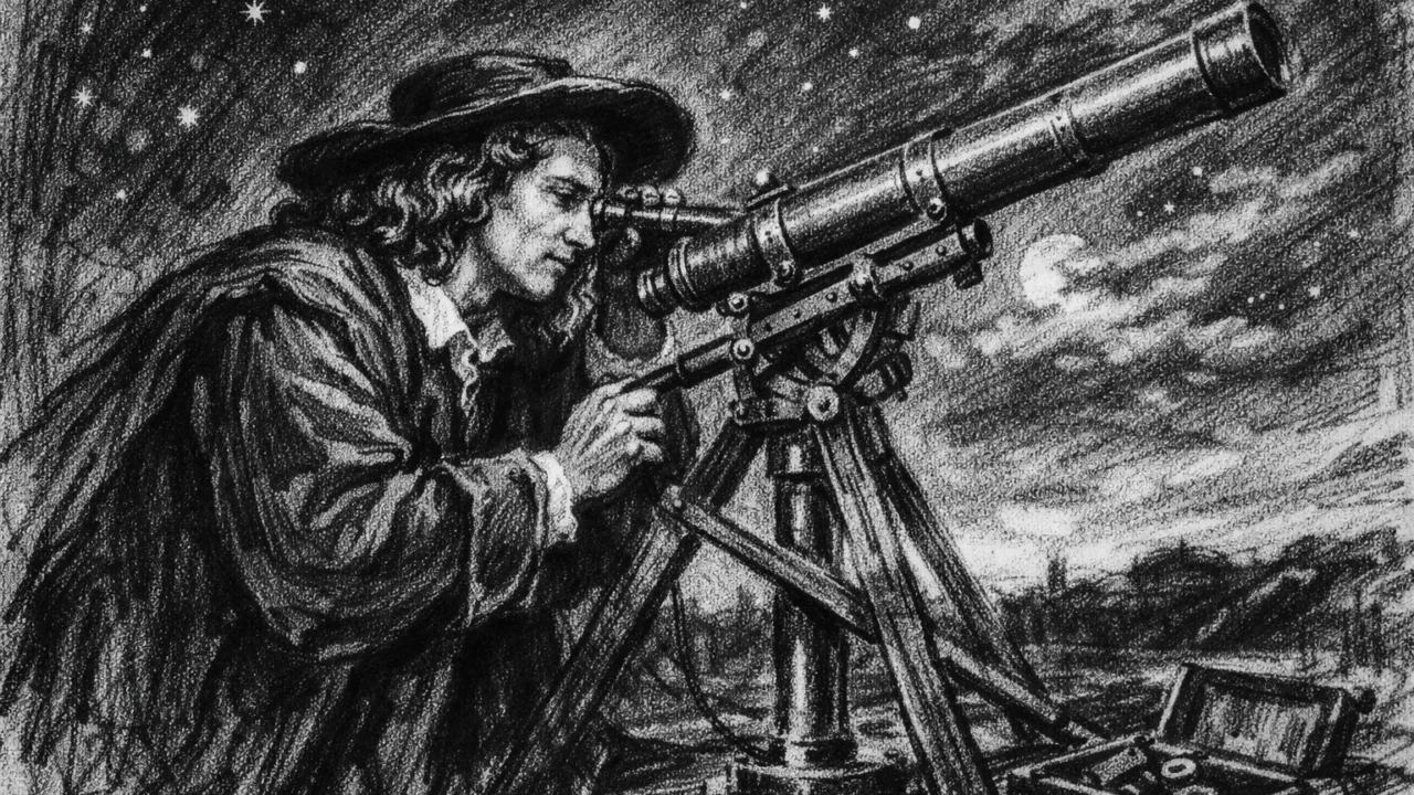 Christiaan Huygens promatra nebo teleskopom, znanstvena scena u ugalj stilu s jakim kontrastom