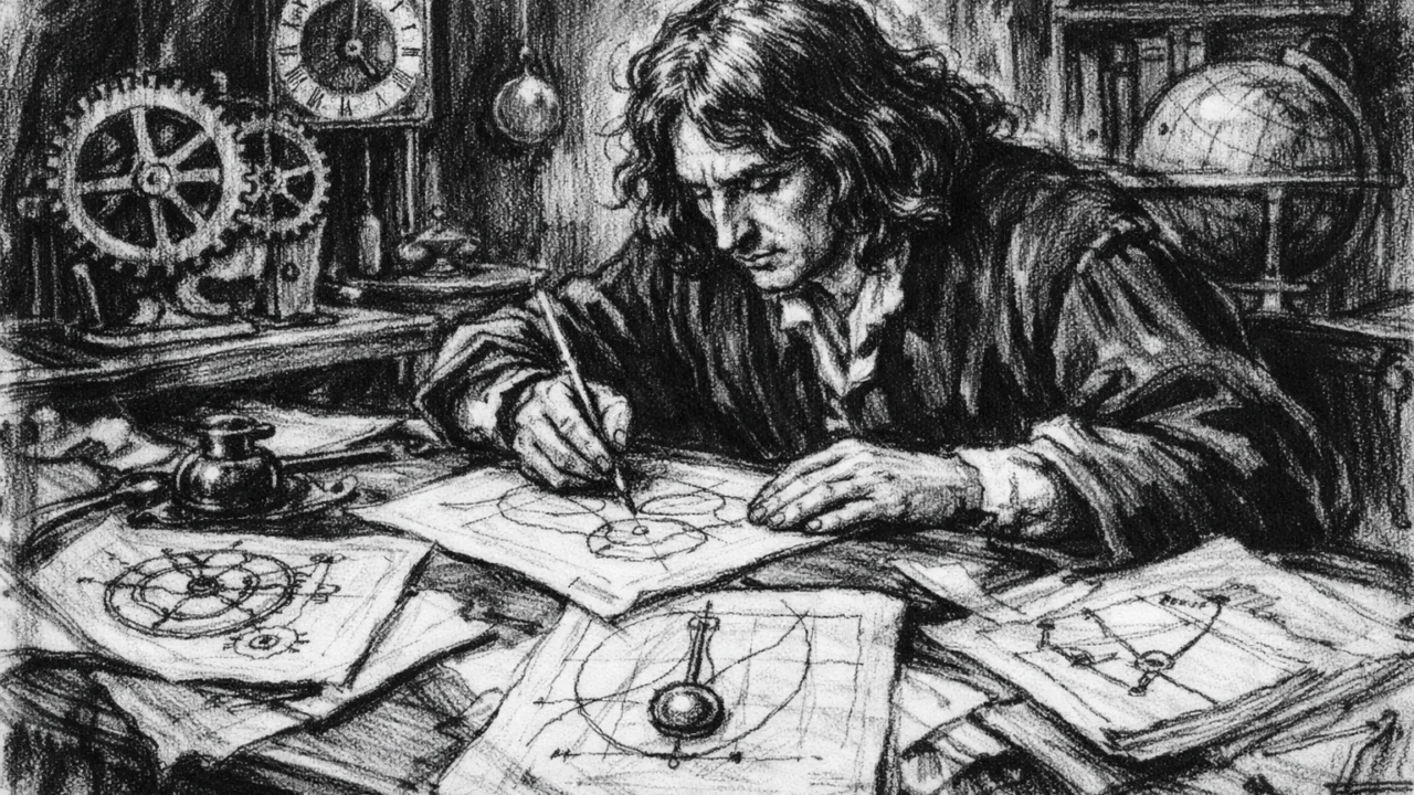 Christiaan Huygens proučava mehaniku i satove njihala, ilustracija u ugalj stilu s izraženim detaljima