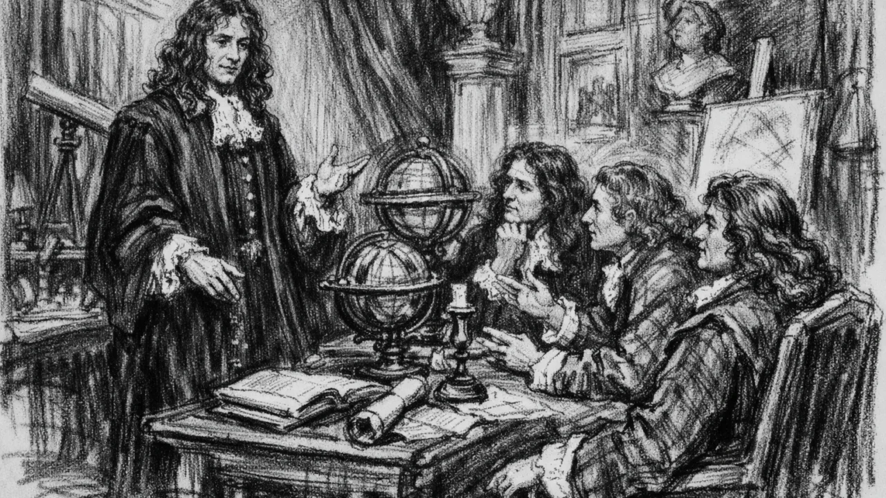 Christiaan Huygens u Parizu na Francuskoj akademiji znanosti, povijesna scena u ugalj stilu