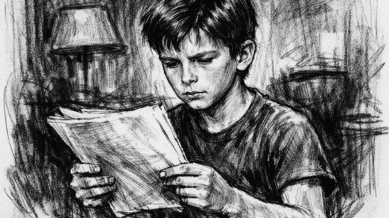 Mladi Christian Bale kao dječji glumac, prikazan u ugalj stil crtežu s naglašenim kontrastom.