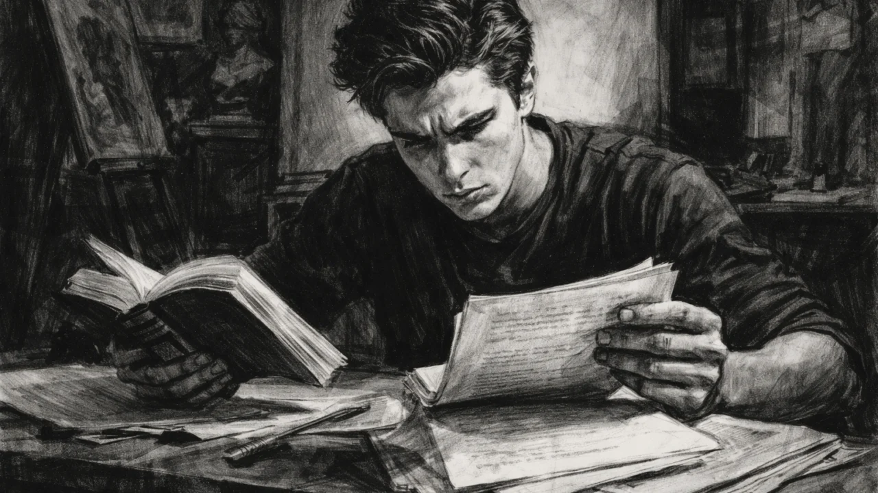 Tinejdžerski Christian Bale kako proučava knjige, prikazan u ugalj stil crtežu.