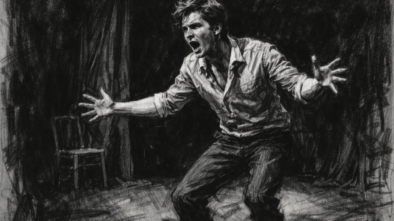 Christian Bale na kazališnoj pozornici, nacrtan u ugalj stil crtežu s izraženim linijama.