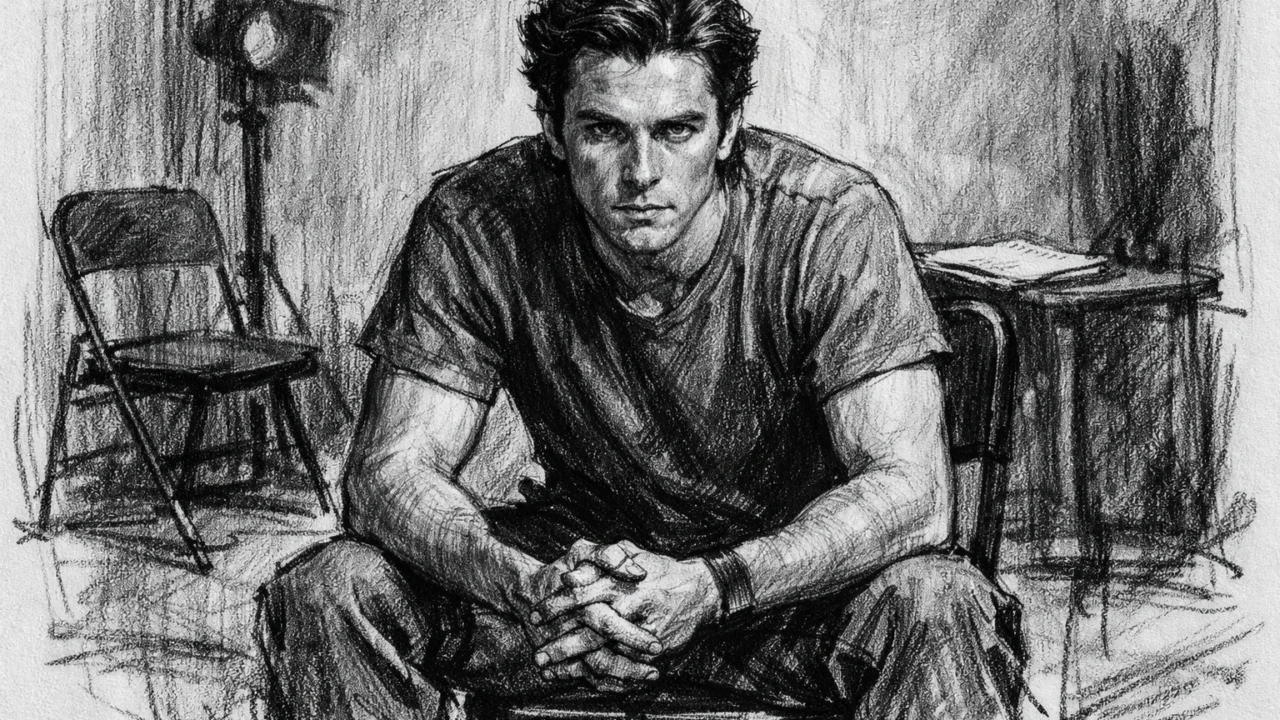 Christian Bale na ranoj filmskoj audiciji, prikazan u ugalj stil crtežu.