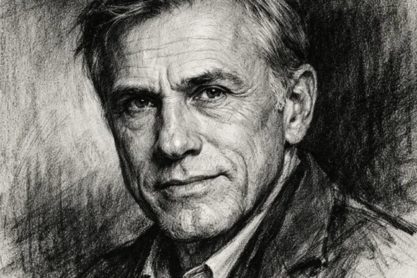 Portret Christopha Waltza u ugalj stilu, crno-bijeli crtež visokog kontrasta s izražajnim linijama