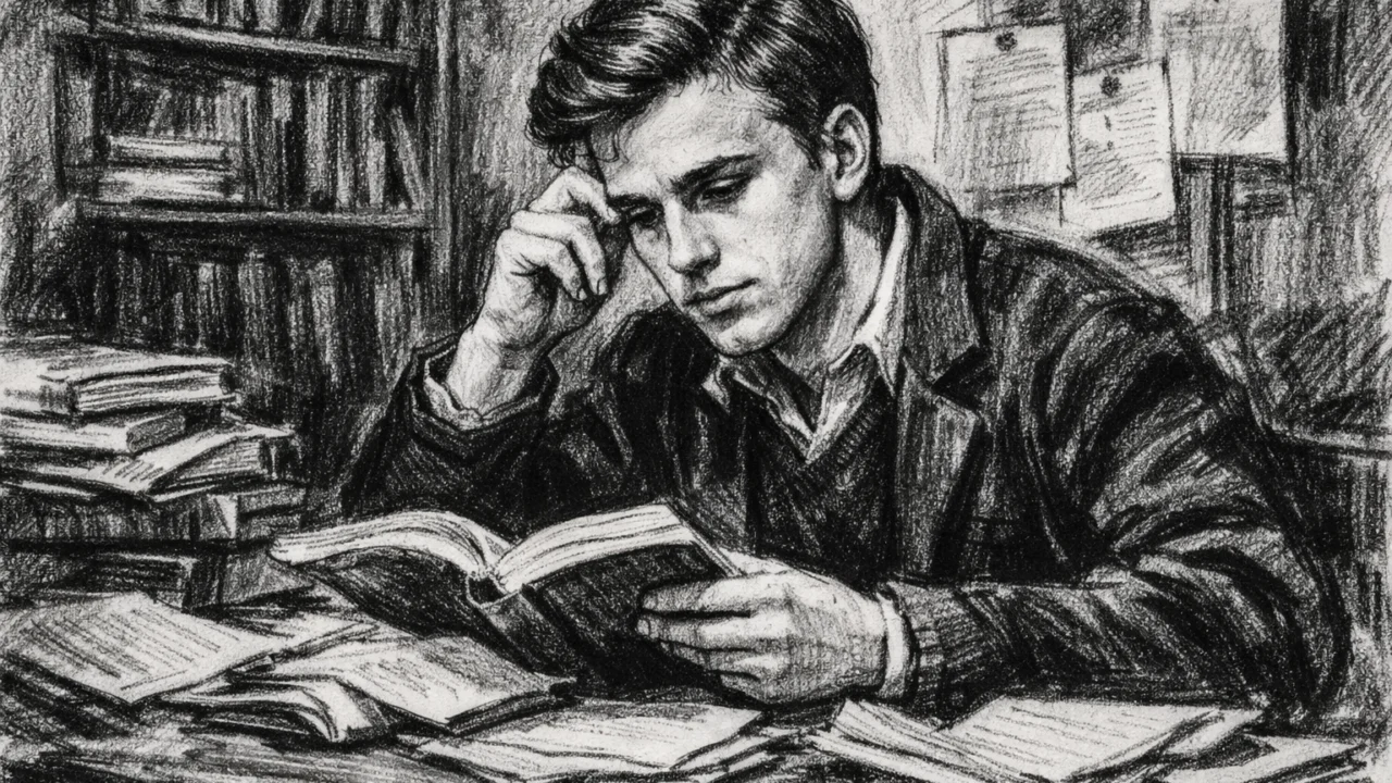 Christoph Waltz u mladosti za radnim stolom tijekom školovanja, prikazan u ugalj stilu