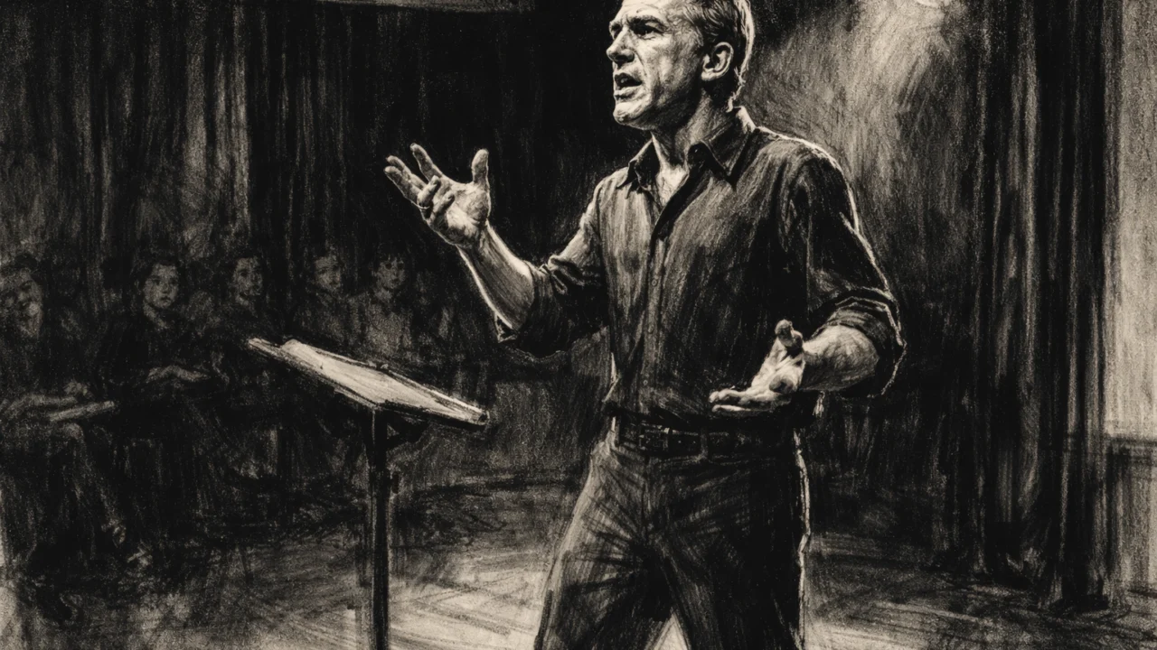 Christoph Waltz na glumačkoj akademiji tijekom probe, ilustriran u ugalj stilu