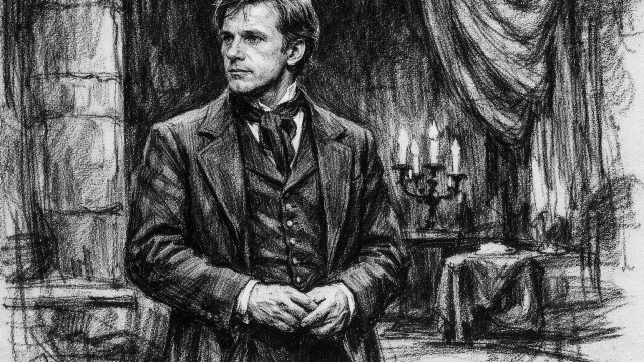 Kazališna scena s Christophom Waltzom iz rane karijere, nacrtana u ugalj stilu