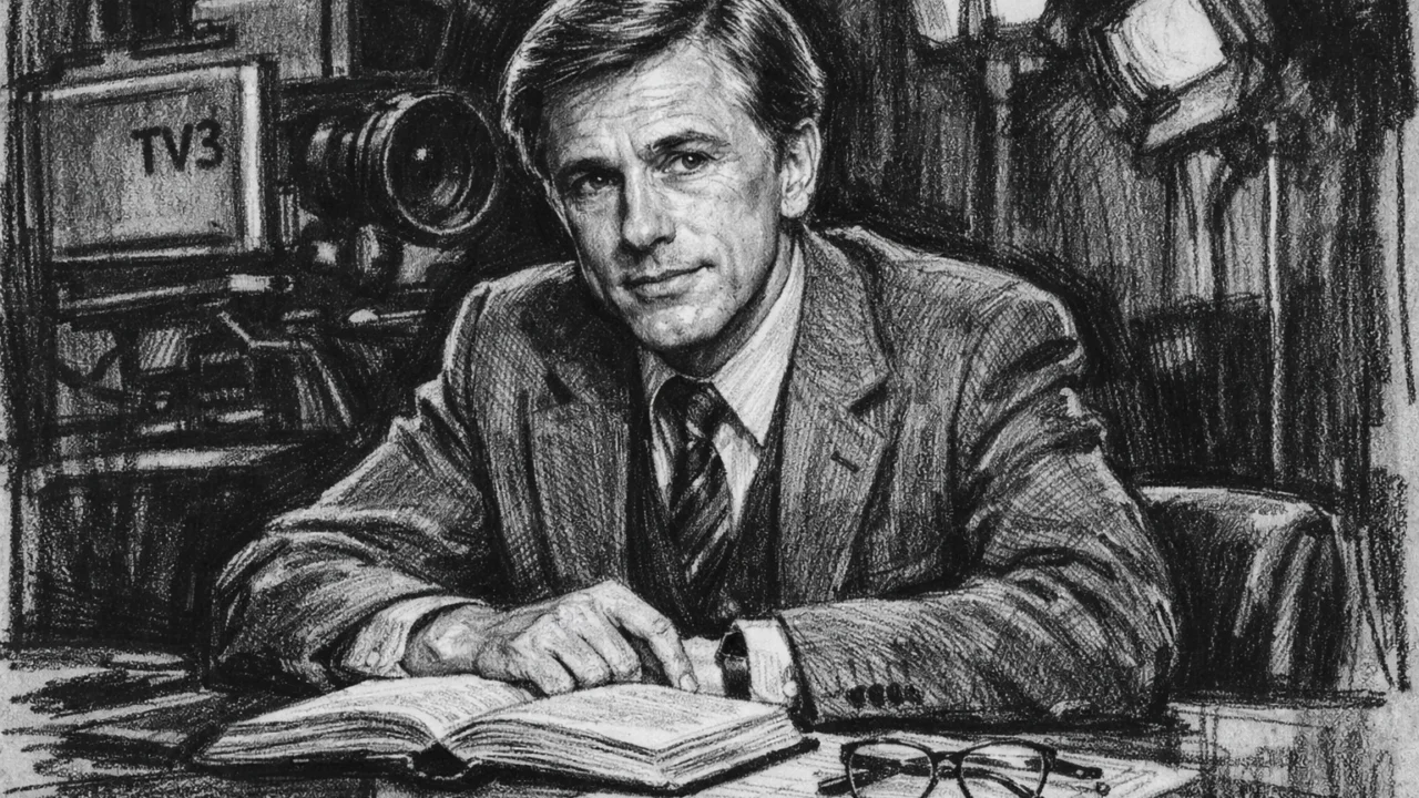 Christoph Waltz na televizijskom snimanju tijekom 1980-ih, prikazan u ugalj stilu