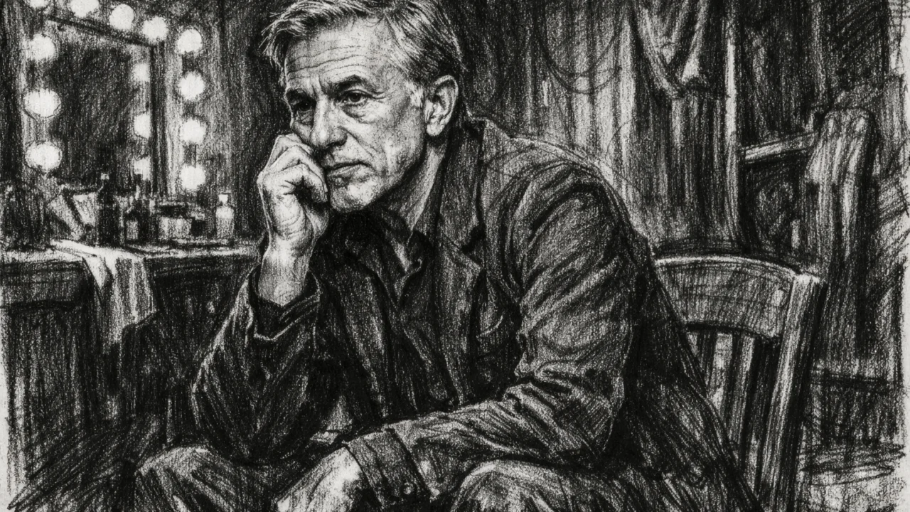 Zamišljeni Christoph Waltz iza pozornice kazališta, ilustriran u ugalj stilu