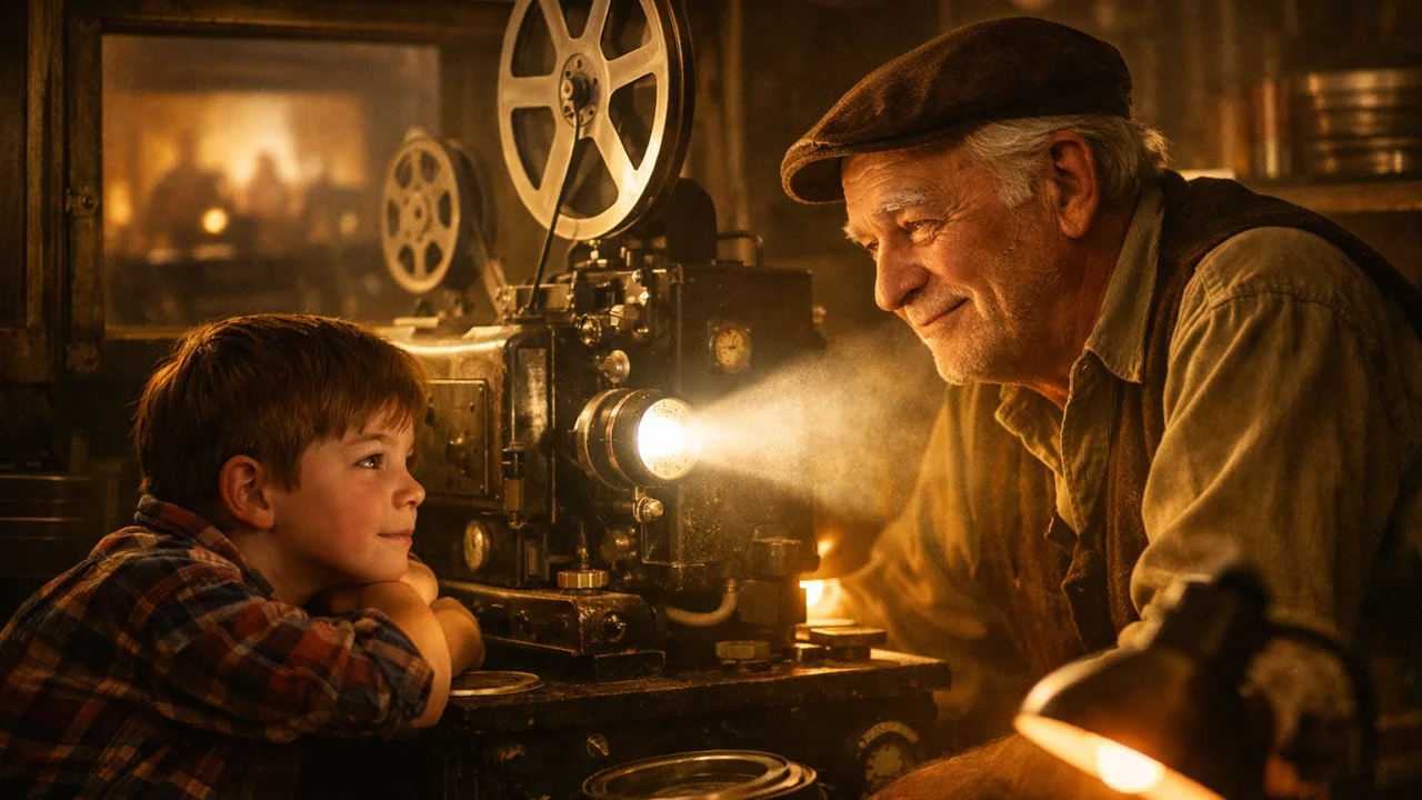 Dječak Toto i kinooperater Alfredo u projekcijskoj kabini iz filma Cinema Paradiso