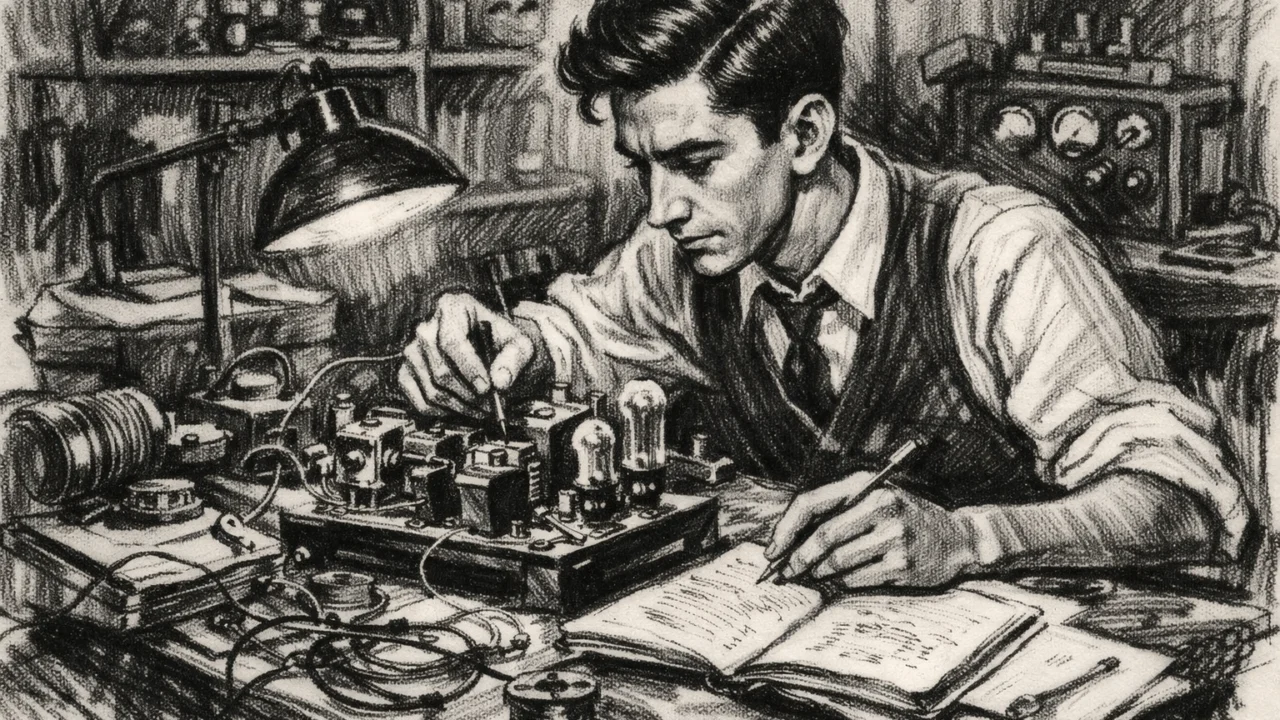 Mladi Claude Shannon tijekom studentskih dana, prikazan u ugalj stilu s tehničkim skicama