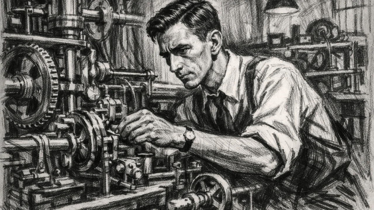 Claude Shannon na MIT-u uz diferencijalni analizator, ilustracija u ugalj stilu