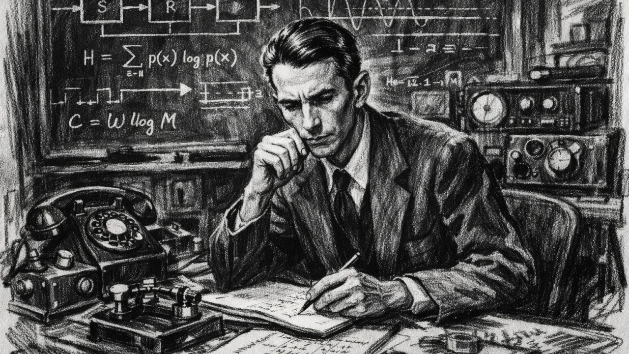 Claude Shannon u Bell Labs okružen znanstvenim dijagramima, ugalj stil ilustracije