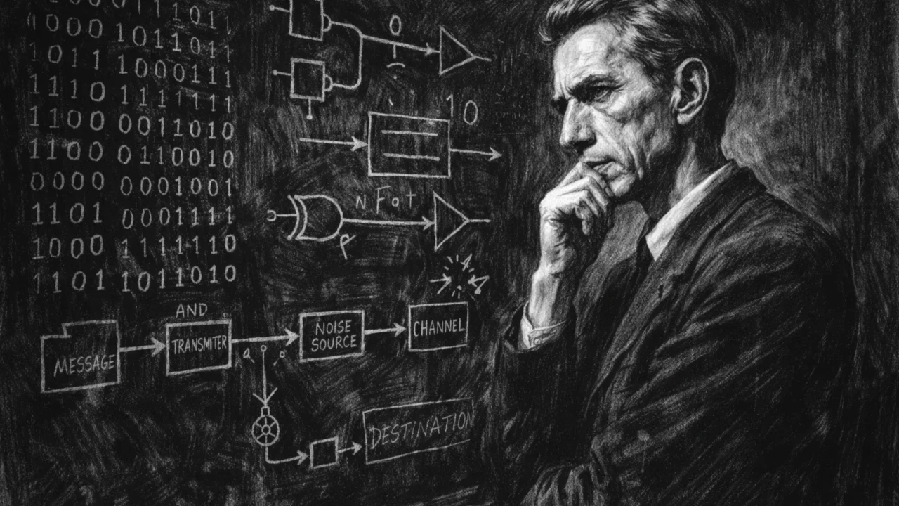 Claude Shannon ispred ploče s binarnim zapisima, prikaz u ugalj stilu