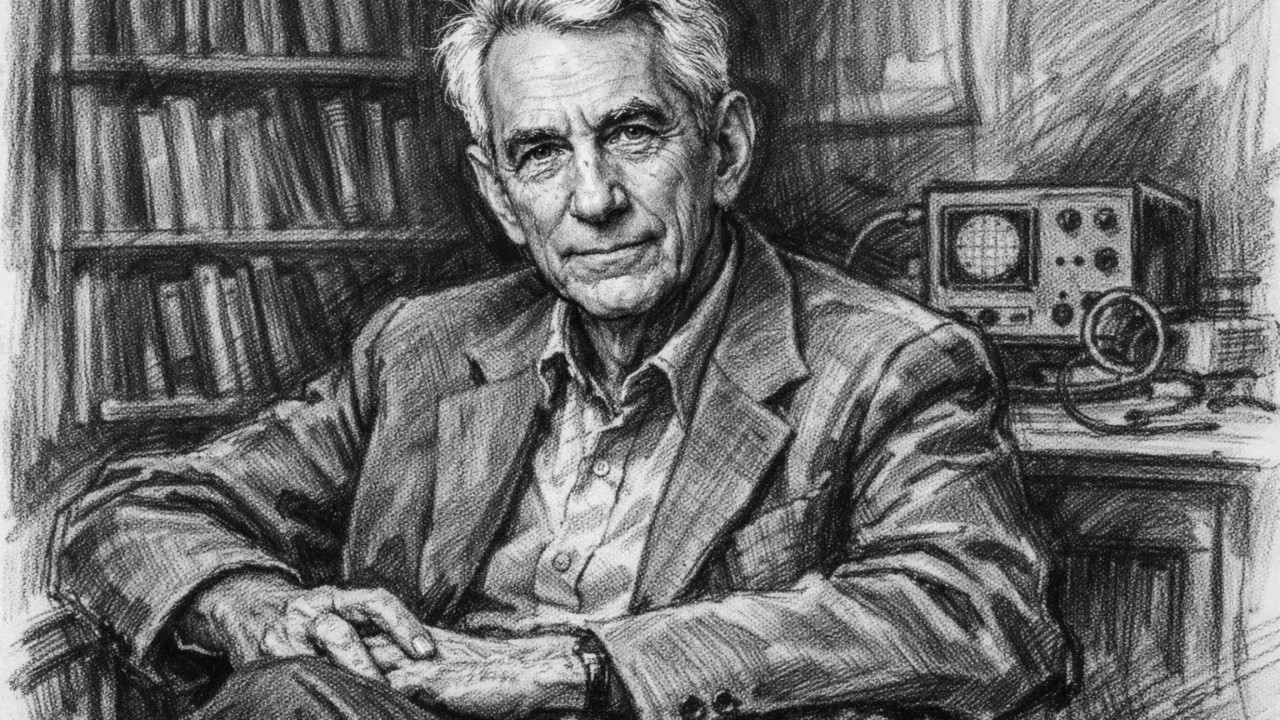 Stariji Claude Shannon u mirnoj refleksiji, prikazan u ugalj stilu