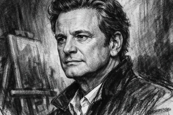 Portret Colina Firtha u ugalj stilu, crno-bijeli portret s izražajnim linijama i snažnim kontrastom.