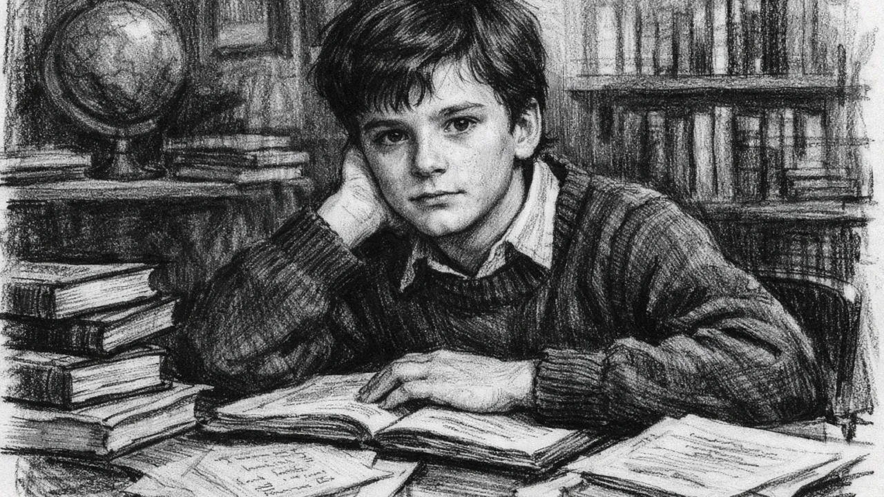 Rani život Colina Firtha prikazan u ugalj stilu, crno-bijeli crtež s mirnom i povučenom atmosferom.