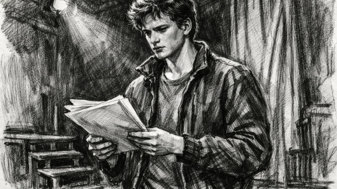 Colin Firth kao mladi student glume nacrtan u ugalj stilu, s naglaskom na učenje i razvoj glumačkog poziva.