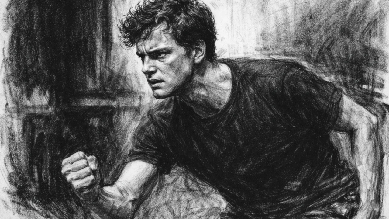 Studij glume Colina Firtha prikazan u ugalj stilu, snažne linije i ozbiljna umjetnička atmosfera.