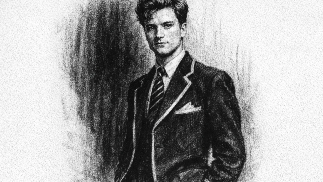 Rani filmski nastup Colina Firtha prikazan u ugalj stilu, crno-bijeli umjetnički crtež s preciznim likom.