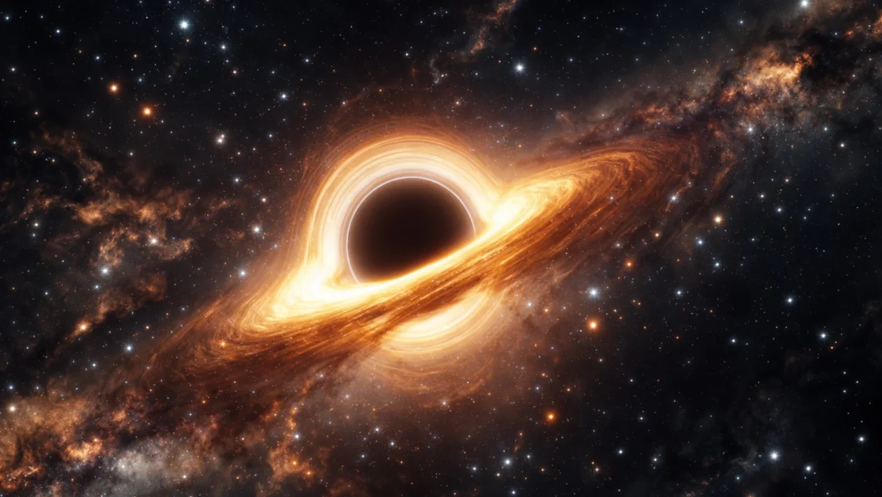 Ilustracija supermasivne crne rupe u središtu galaksije s akrecijskim diskom i zakrivljenim prostorom