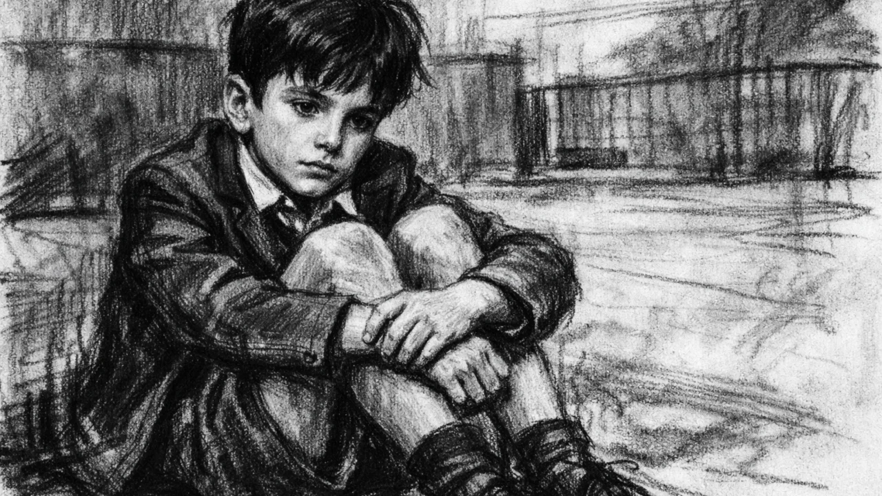 Daniel Day-Lewis kao dječak u školskom dvorištu, prikaz ranog života u ugalj stilu s osjećajem povučenosti.