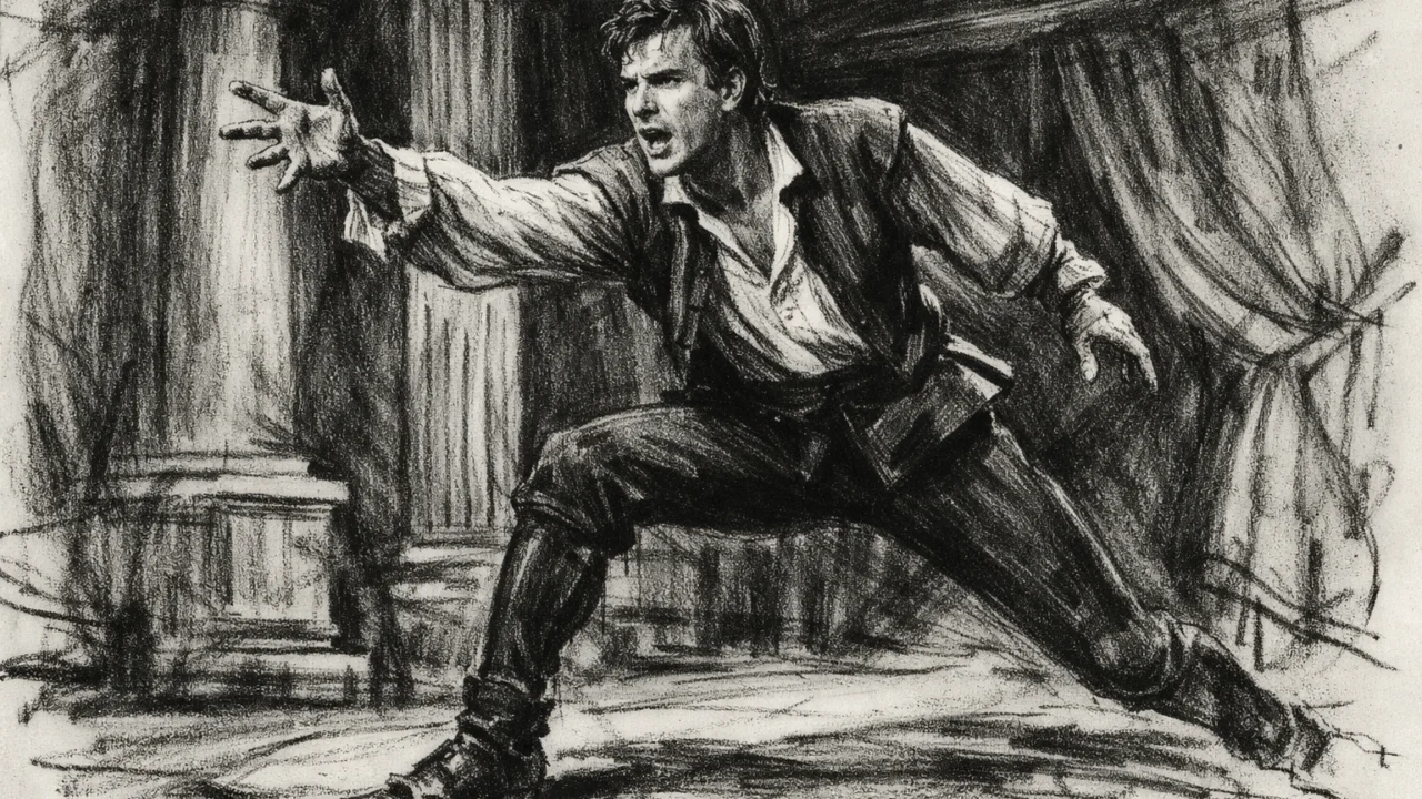 Daniel Day-Lewis na kazališnoj pozornici u ranim danima karijere, prikaz u ugalj stilu.