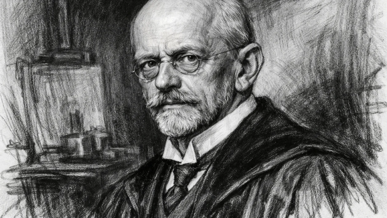 Portret Davida Hilberta u ugalj stilu, crno-bijeli portret s izražajnim linijama i visokim kontrastom
