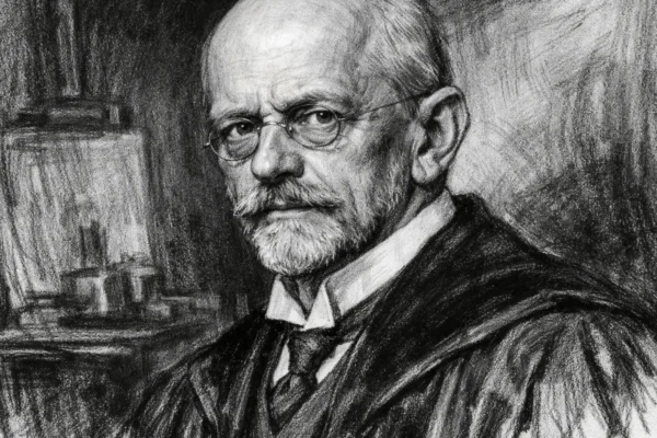 Portret Davida Hilberta u ugalj stilu, crno-bijeli portret s izražajnim linijama i visokim kontrastom