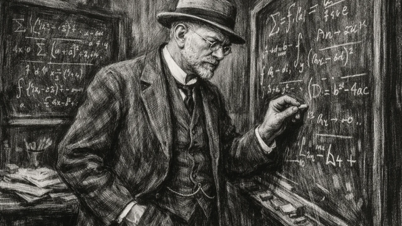 David Hilbert za radnim stolom okružen matematičkim formulama, ilustracija u ugalj stilu
