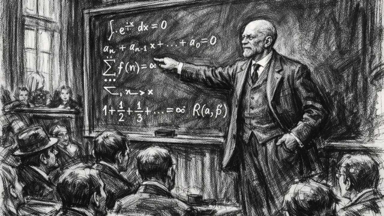 David Hilbert predaje studentima na Sveučilištu u Göttingenu, scena u ugalj stilu