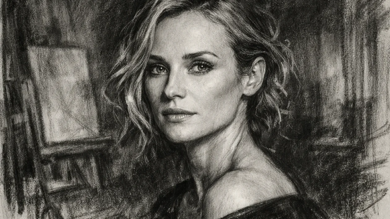 Portret Diane Kruger u ugalj stilu s naglašenim kontrastom i izražajnim linijama lica