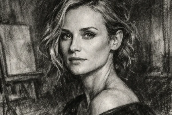 Portret Diane Kruger u ugalj stilu s naglašenim kontrastom i izražajnim linijama lica