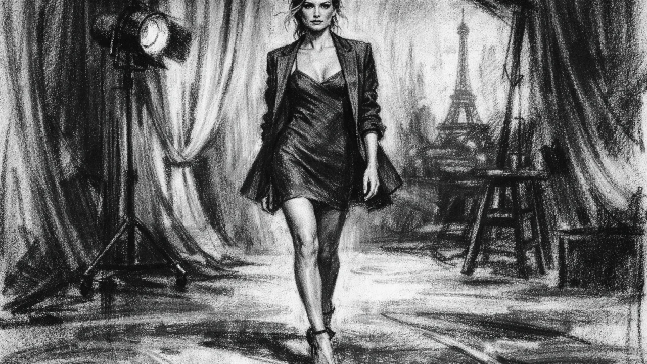 Diane Kruger u ranoj manekenskoj karijeri u Parizu, ilustrirana u ugalj stilu