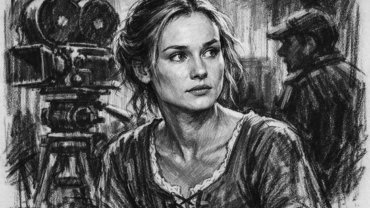 Diane Kruger na filmskom setu u ranoj glumačkoj fazi, nacrtana u ugalj stilu