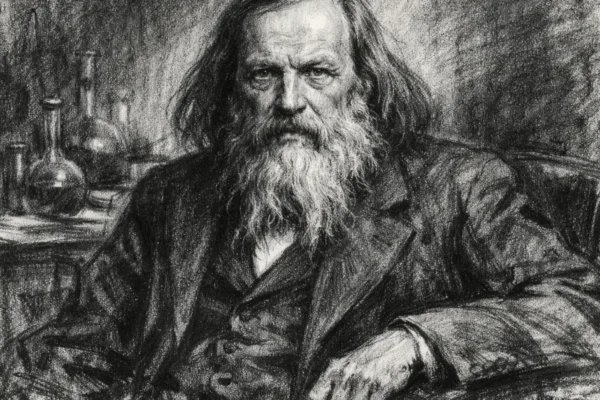 Portret Dmitrija Mendeljejeva u ugalj stilu, izražajan crno-bijeli crtež s naglašenim contrastom.