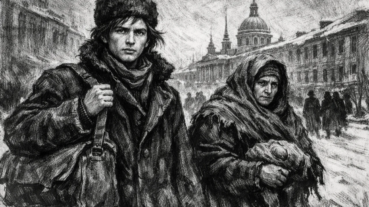 Mladi Dmitrij Mendeljejev dolazi u Sankt Peterburg, prikaz u ugalj stilu s jakim linijama i kontrastom.