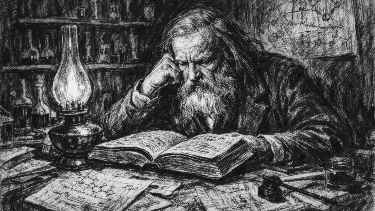 Dmitrij Mendeljejev tijekom učenja i proučavanja kemije, ilustracija u ugalj stilu.