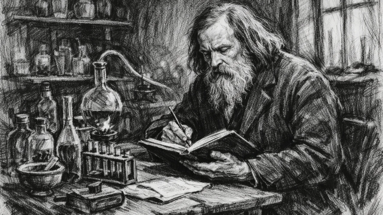 Mendeljejev u laboratoriju u Heidelbergu, povijesna scena prikazana u ugalj stilu.