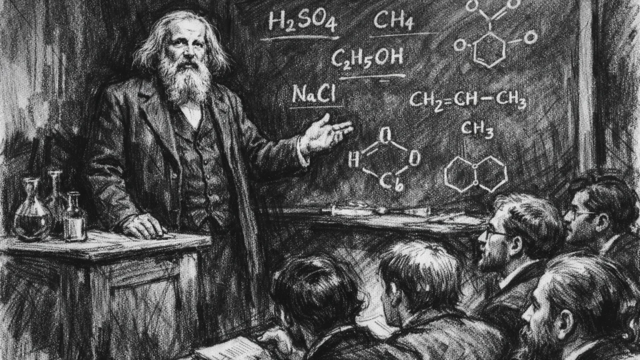 Dmitrij Mendeljejev kao profesor kemije, nastava prikazana u ugalj stilu.