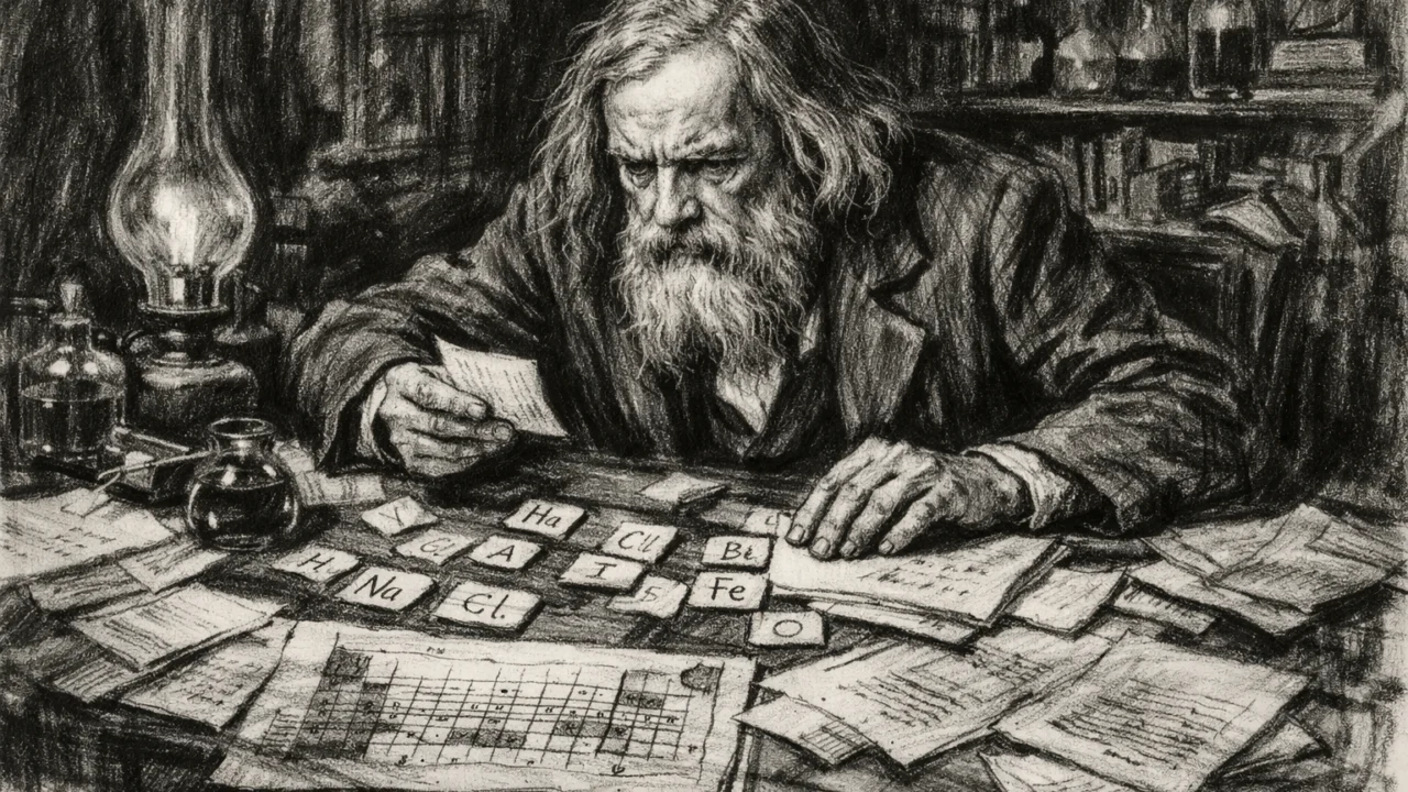 Mendeljejev dok sistematizira kemijske elemente, prikaz znanstvenog rada u ugalj stilu.