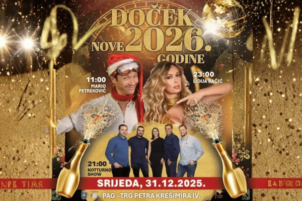 Doček Nove godine na Trgu Petra Krešimira IV u Pagu uz koncert Lidije Bačić i puštanje lampiona