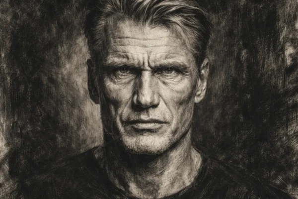 Portret Dolpha Lundgrena u ugalj stilu, crno-bijeli portret s visokim kontrastom i izražajnim linijama