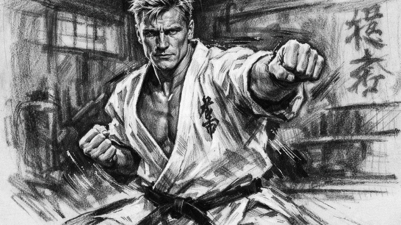 Dolph Lundgren na karate treningu u ugalj stilu, snažan crno-bijeli prikaz borilačke discipline