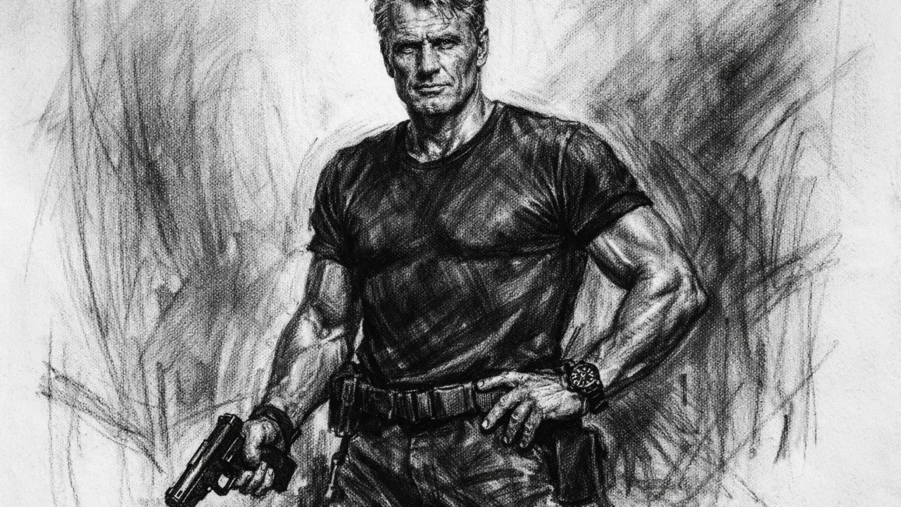 Zreli Dolph Lundgren kao akcijska ikona u ugalj stilu, crno-bijeli crtež snažnog karaktera