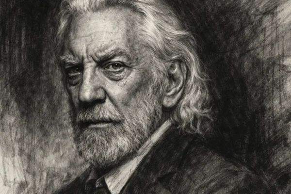 Portret Donalda Sutherlanda u ugalj stilu, crno-bijeli kontrastni portret s izražajnim linijama